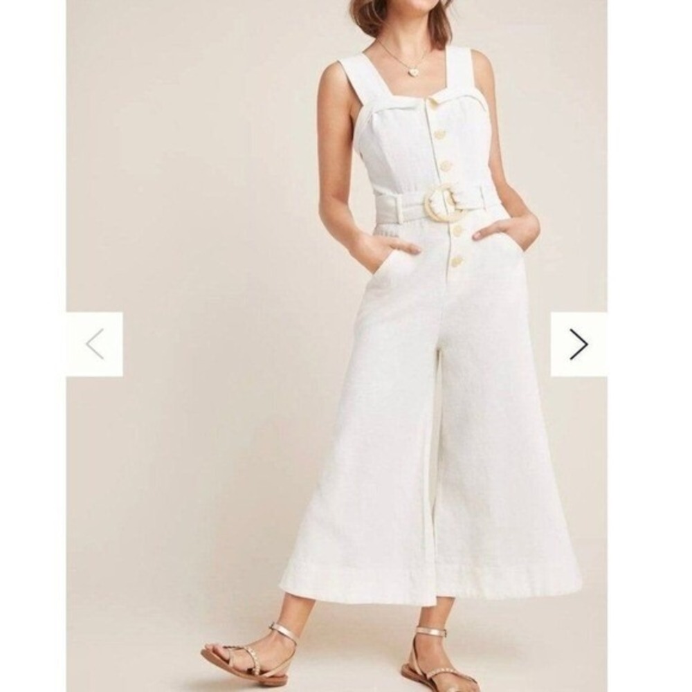 FP1 Anthropologie Cape Cod Jumpsuit Linen Cotton Cream No Belt Womens 8